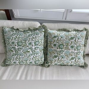 Floral Green and White ruffled Throw Pillow Covers two 20x20
